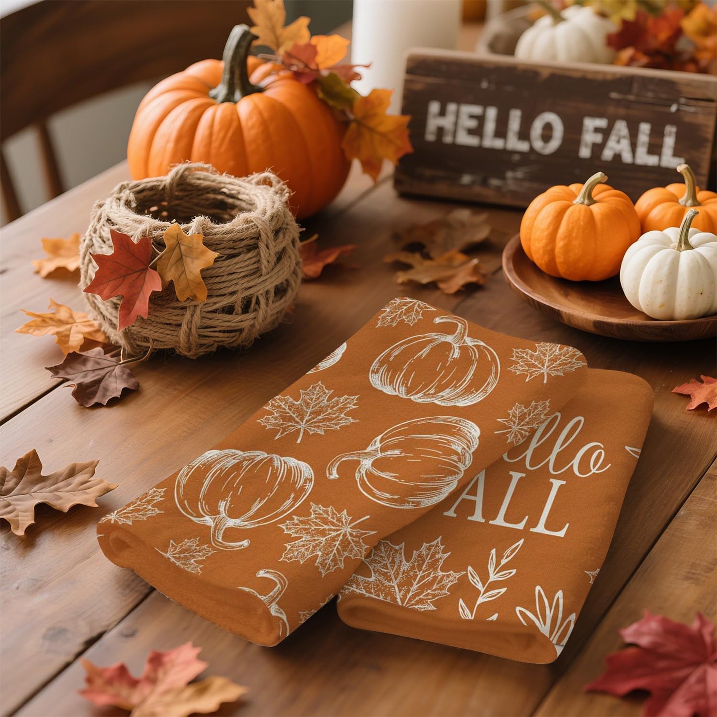Fall Kitchen Towels Set of 2 Pumpkin Maple Leaves Hello Fall Autumn Kitchen Towels Farmhouse Home Thanksgiving Harvest Vintage Decorations, 18x26 Inch