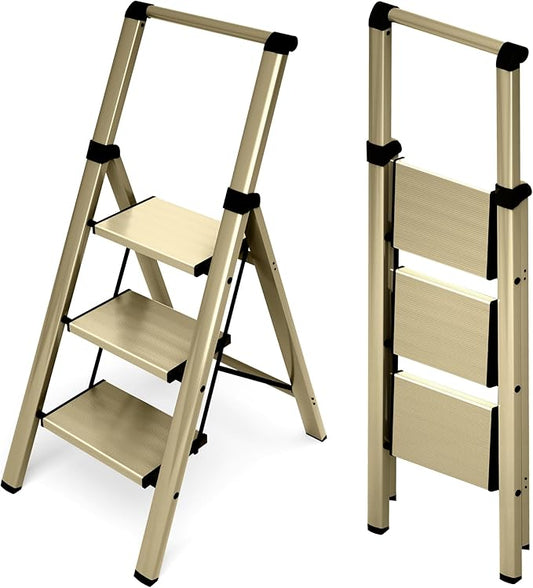 HillhutApex 3 Step Foldable Aluminum Step Ladder with Handgrip, Anti-Slip Pedal, 330 lbs Capacity, Lightweight & Portable for Home, Kitchen, Office, Garage (Gold)