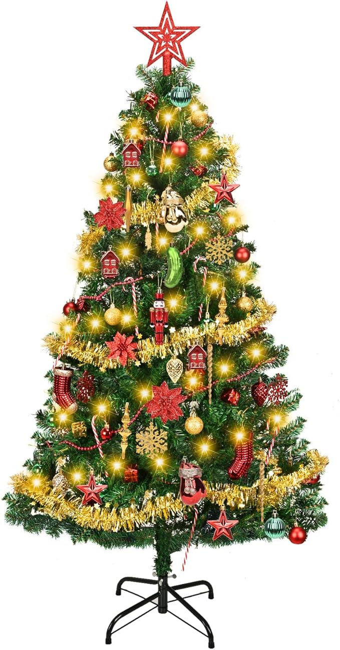 4ft Artificial Christmas Tree with Lights and Ornaments, Small Prelit Xmas Tree with Hanging Balls (8 Modes) for Home Holiday Decoration, Gold+Red+Green