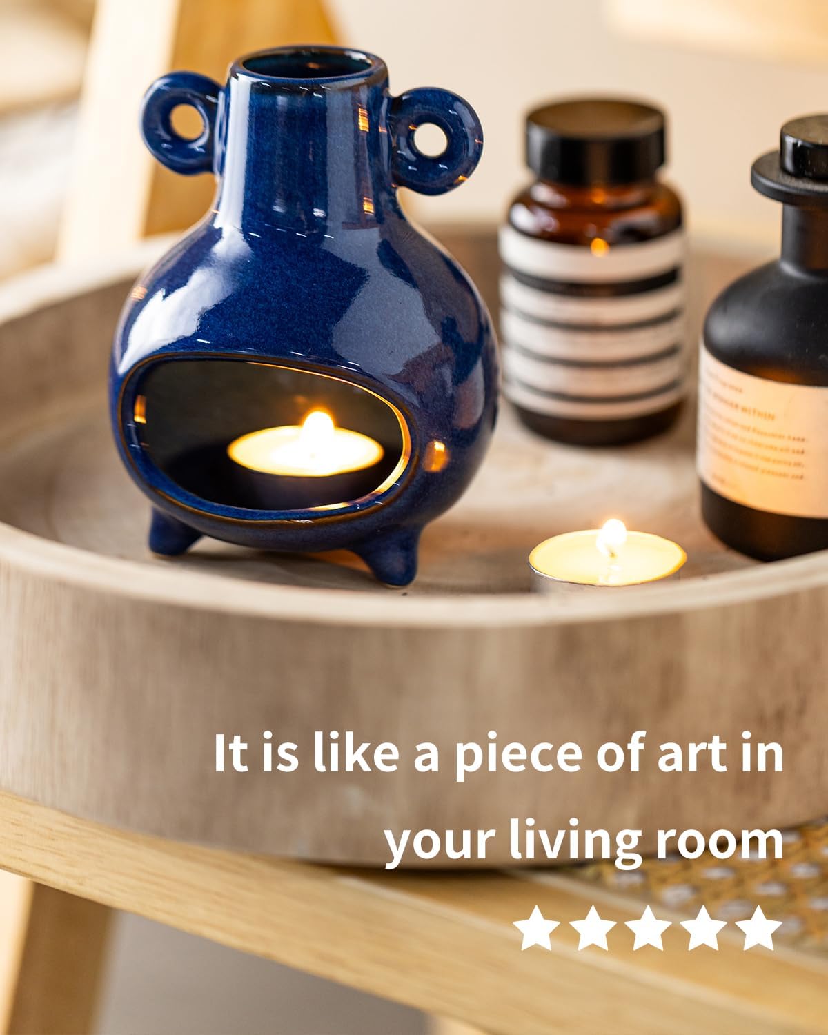 Handcrafted Palo Santo Holder, Incense Candle and Matchstick Mini Chiminea for Meditation Space, Wood Sticks and Bulk Incense, Blue