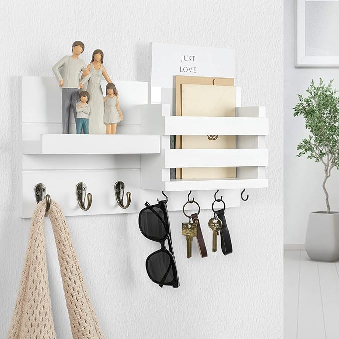 Mail Organizer for Wall Mount – Key Holder with Shelf Includes Letter Holder and Hooks for Coats, Dog Leashes – Rustic Wood with Flush Mounting Hardware (16.5” x 8.7” x 3.5”)