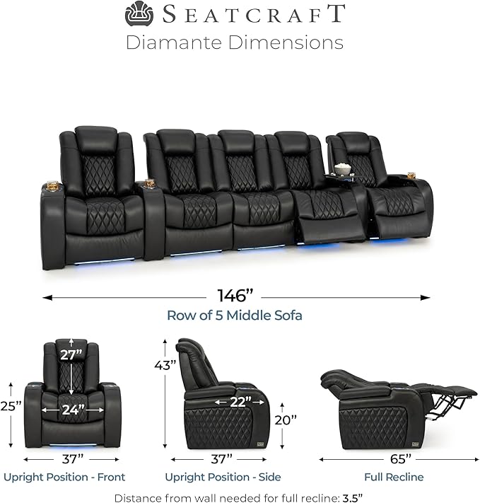 Seatcraft Diamante Zero-Gravity CoolZero Italian Leather Home Theater Seating, Power Headrest, Power Recline, Row of 5 Middle Sofa, Black