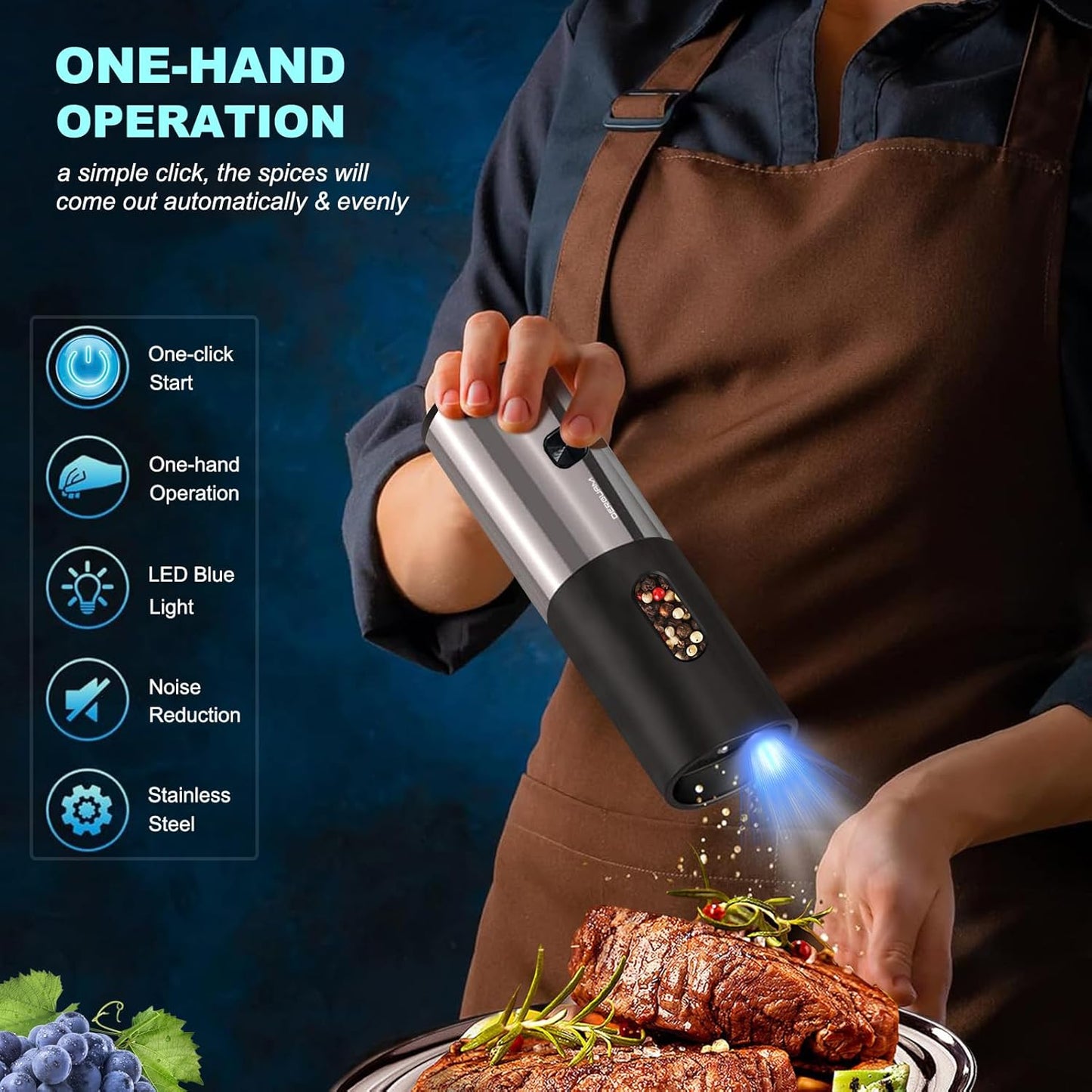 Rechargeable Electric Salt and Pepper Grinder Set with Charging Base, DERGUAM Stainless Steel Pepper Grinder with Adjustable Coarseness and Led Light