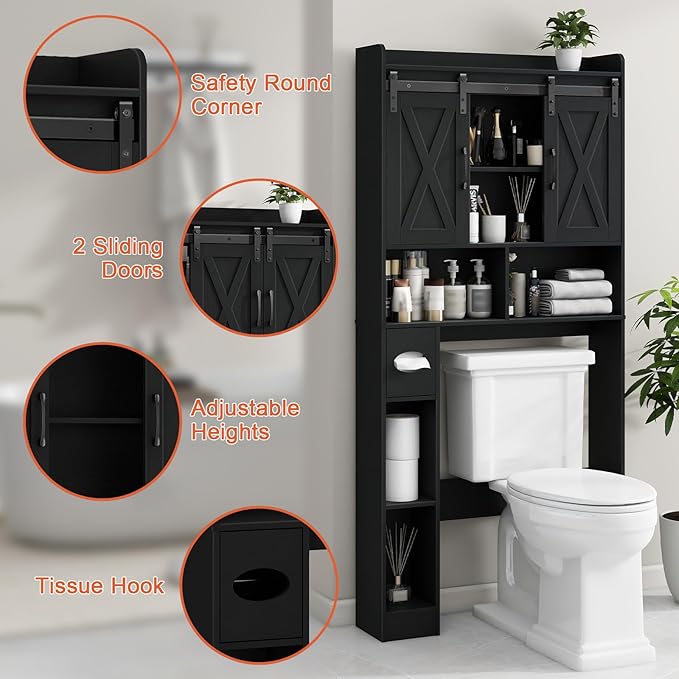 Over The Toilet Storage Cabinet, Farmhouse Storage Cabinet Over Toilet with Sliding Doors & Toilet Paper Holder Stand，Home Space-Saving Toilet Rack, for Bathroom, Laundry and Restroom.Black