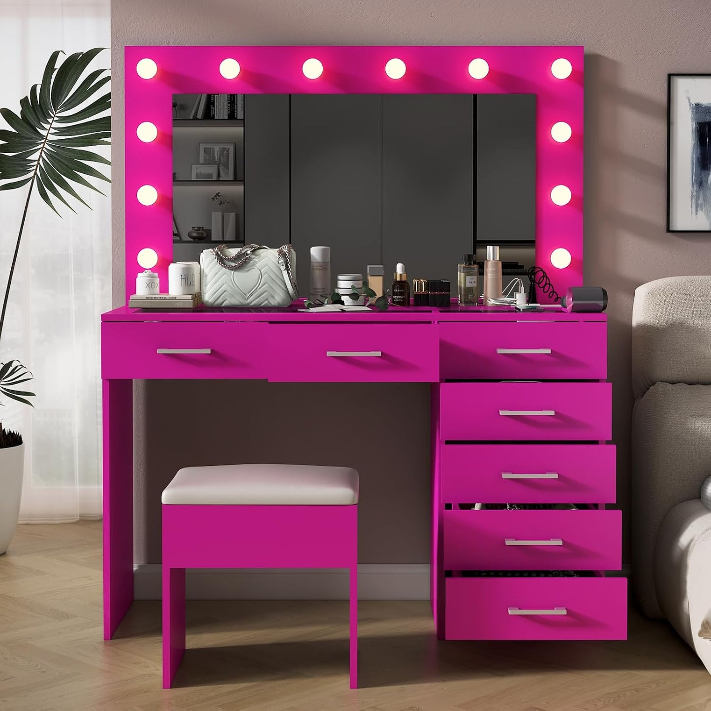 Karl home Vanity Desk with Large Lighted Mirror & Powre Outlet, Glass Tabletop Makeup Vanity Set with 7 Drawers, 45.3" Vanity Table with 3 Color Lighting Modes, Dressing Table for Women Girls, Pink