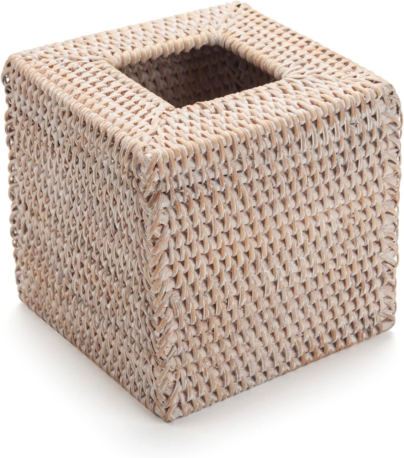 Rattan Tissue Box Cover Natural Woven Facial Napkin Holder Square (White, 5.5x5.5x5.9 Inch)