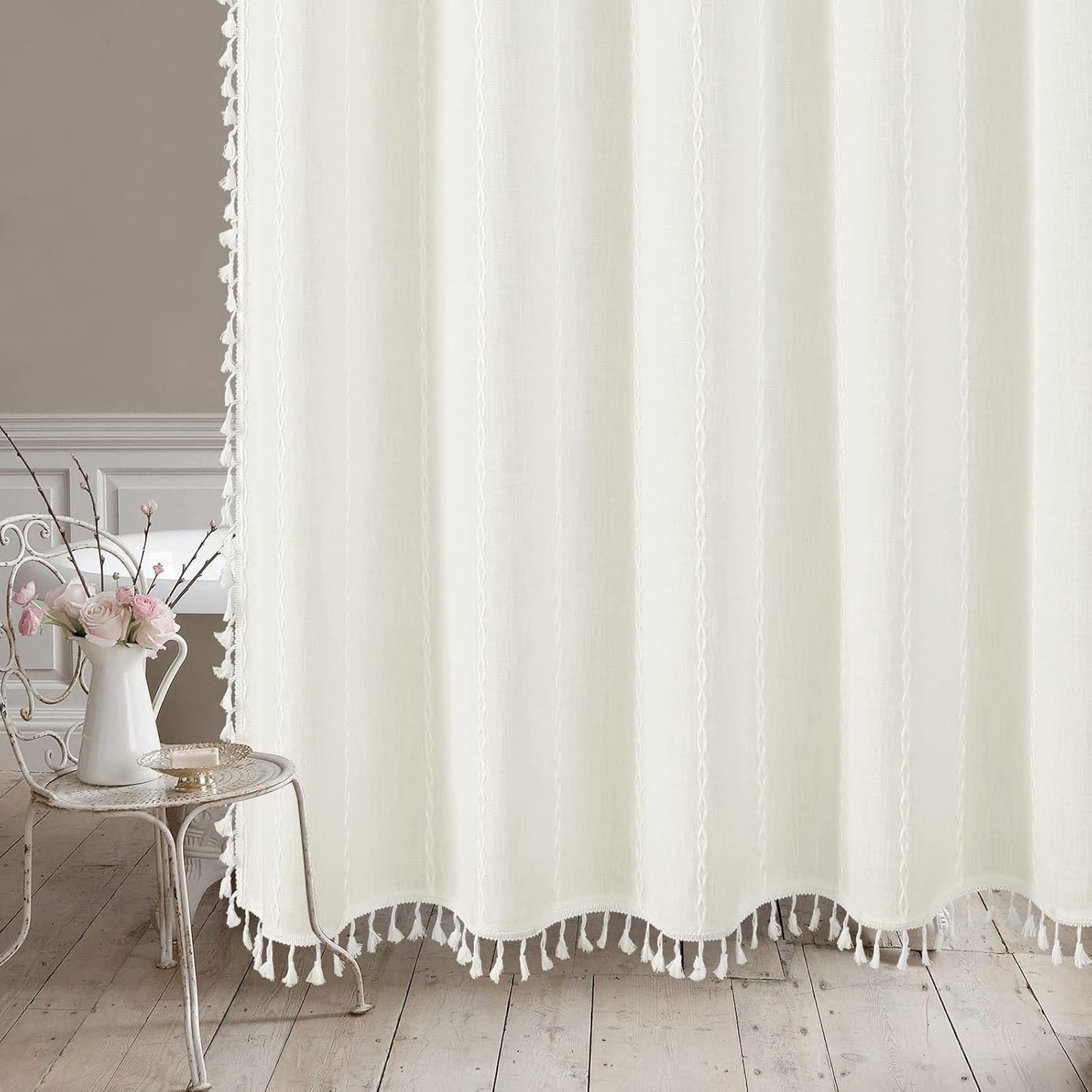 MitoVilla White Shower Curtain 72 x 78, Boho Farmhouse 78 inch Long Polyester Linen Tassel Ultra Thick Heavy Duty Fabric Shower Curtains for Chic Cottagecore French Rustic Bathroom Decor Ivory