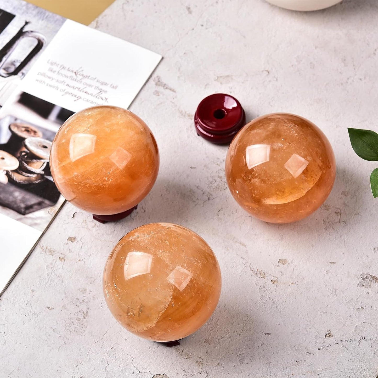 JIC Gem Healing Crystal Ball Stripe Orange Calcite Sphere Ball Decorative Ball with Wood Stand for Fengshui and Decoration (90-100mm)