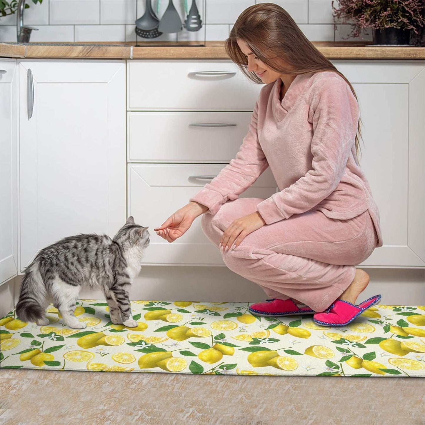 2 Piece Lemon Kitchen Decor Rugs Set, Farmhouse Country Kitchen Rugs and Mats Non Skid Washable Absorbent Microfiber Kitchen Accessories Decoration Floor Mats 17"x47"+17"x30"