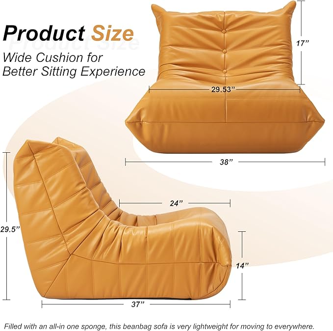 Hobestluk Giant Bean Bag Chair Lazy Floor Sofa, Memory Foam Fireside Sofa for Adults, Big Beanbag Faux Leather Armless Chair for Living Room Bedroom Dorm Office (Yellow, Single)