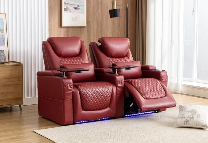 Home Theater Seating Seats, Theater Recliner Chair Sofa Game Movie Theater Chairs with 7 Colors Ambient Lighting, Lumbar Pillow, Side Pocket, Tray Table, Power Recline, Red