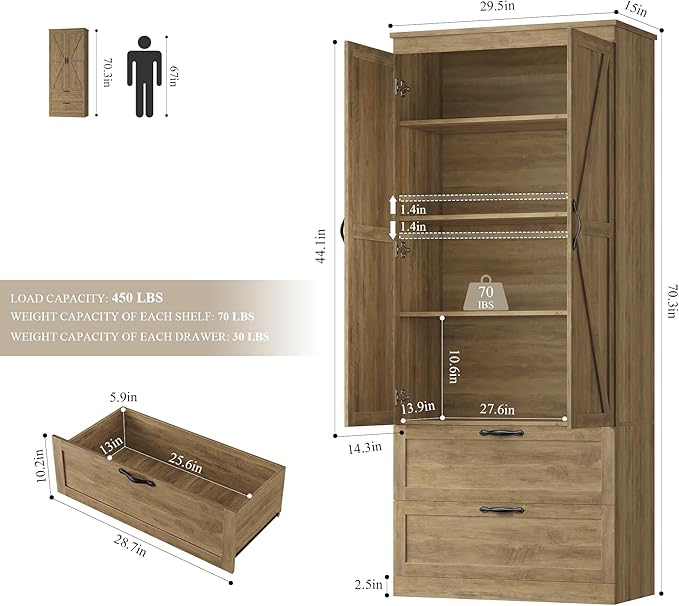 HOSTACK 70" Tall Kitchen Pantry Storage, Barn Doors Pantry Cabinet with Drawers and Adjustable Shelf, Modern Farmhouse Storage Cabinet for Kitchen, Dining Room, Living Room, Bathroom, Rustic Brown