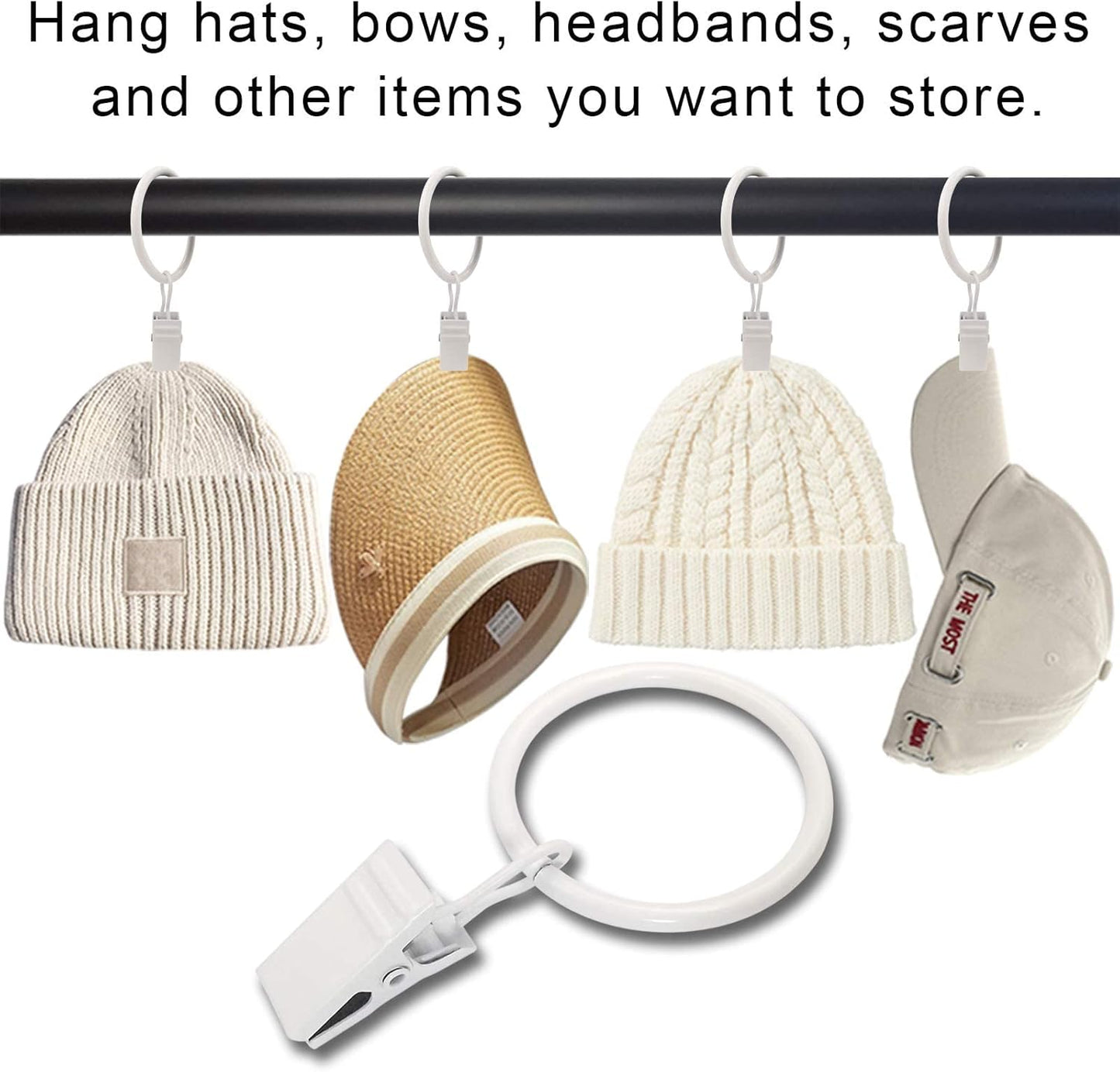 40 Pack Curtain Rings with Clips, Drapery Clips with Rings, Drapes Rings 1.26 in Interior Diameter, Fits up to 1 in Curtain Rod, White