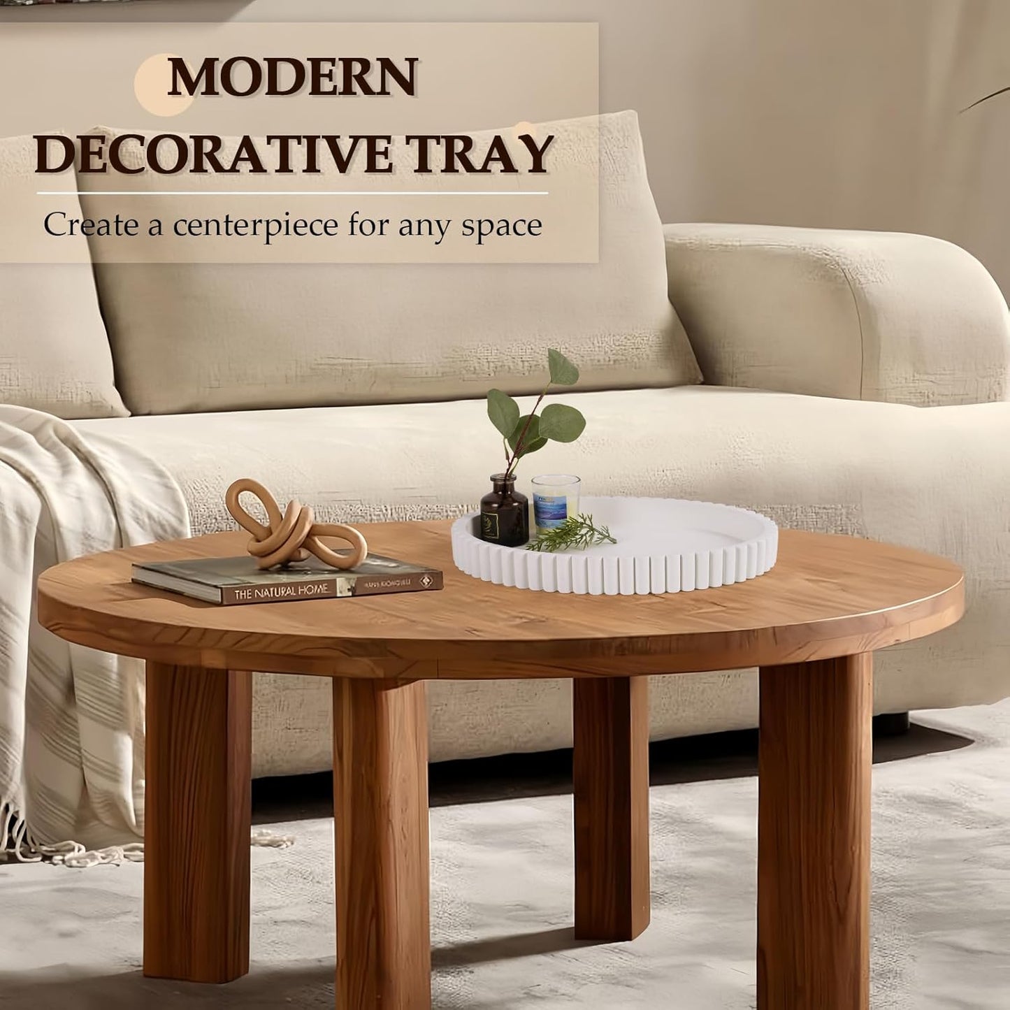 Oval Tray for Coffee Table Decor, 13" Concrete Tray, Table Centerpieces Decorative Trays for Home Decor, Modern Decorative Trays for Coffee Tables, Centerpiece Trays, White