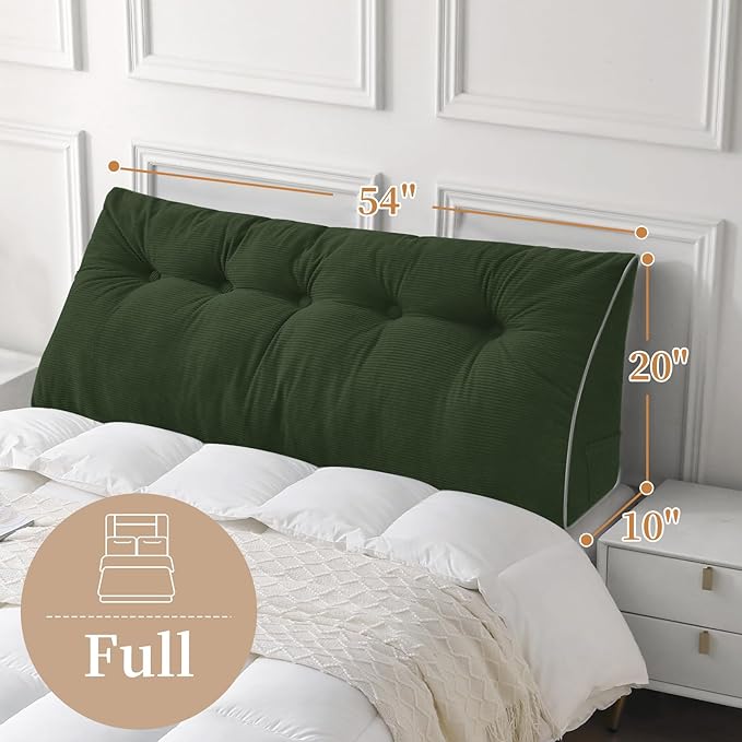 Sasttie Headboard Pillow Full, Wedge Pillow Headboard for Sitting Up in Bed, Back-Rest Support Triangular Cushion for Reading - Features Removable Washable Cover, Olive Green