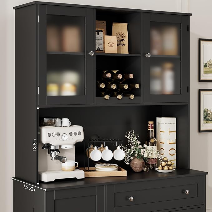 HOSTACK Kitchen Pantry Storage Cabinet with Hutch, Tall Kitchen Hutch with Microwave Stand, Food Pantry Cabinet with Doors and Shelves | Wine Rack for Dining Room, Black