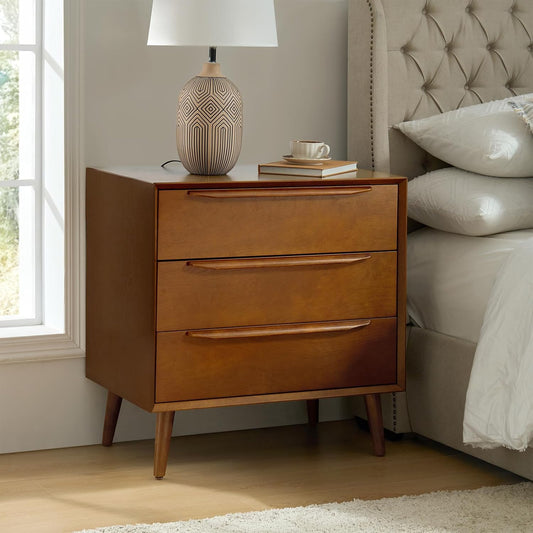 HULALA HOME Mid-Century Modern Nightstand, 3-Drawers Nightstand with Charging Station(Acron)