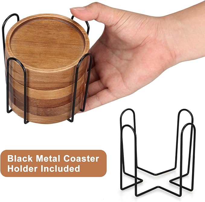 Rustic Wooden Coasters Set of 8 Farmhouse Coffee Table Decor Acacia Wood Drink Coaster with Holder Modern Outdoor Bar Cool Cup Costers Kitchen Accessories Decoration Home Dining Coasters Gift