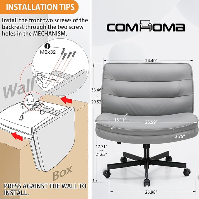 COMHOMA Cross Legged Office Chair with Wheels Armless Office Desk Chair, Modern Vanity Computer Task Chairs for Home Bedroom, Comfortable Wide Seat for Lower Back Pain Relief, PU Leahter, Gray