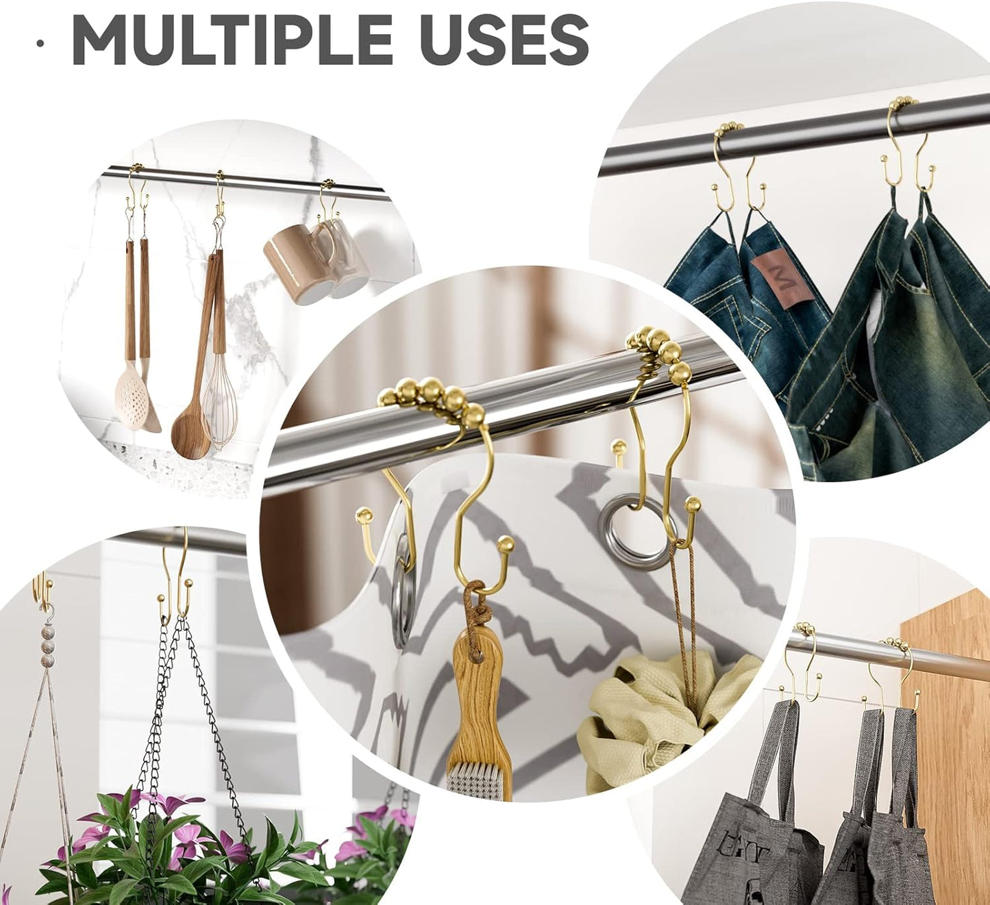 Gold Shower Curtain Hooks, Shower Curtain Hook Shower Curtain Rings Rust Proof Smooth Double Shower Curtain Hooks, Shower Hooks for Shower Curtain Bathroom Shower Rod Hook 12 Pcs