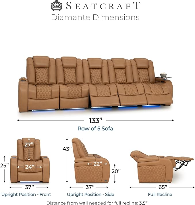 Seatcraft Diamante Zero-Gravity CoolZero Italian Leather Home Theater Seating, Power Headrest, Power Recline, Row of 5 Sofa, Tan Oak
