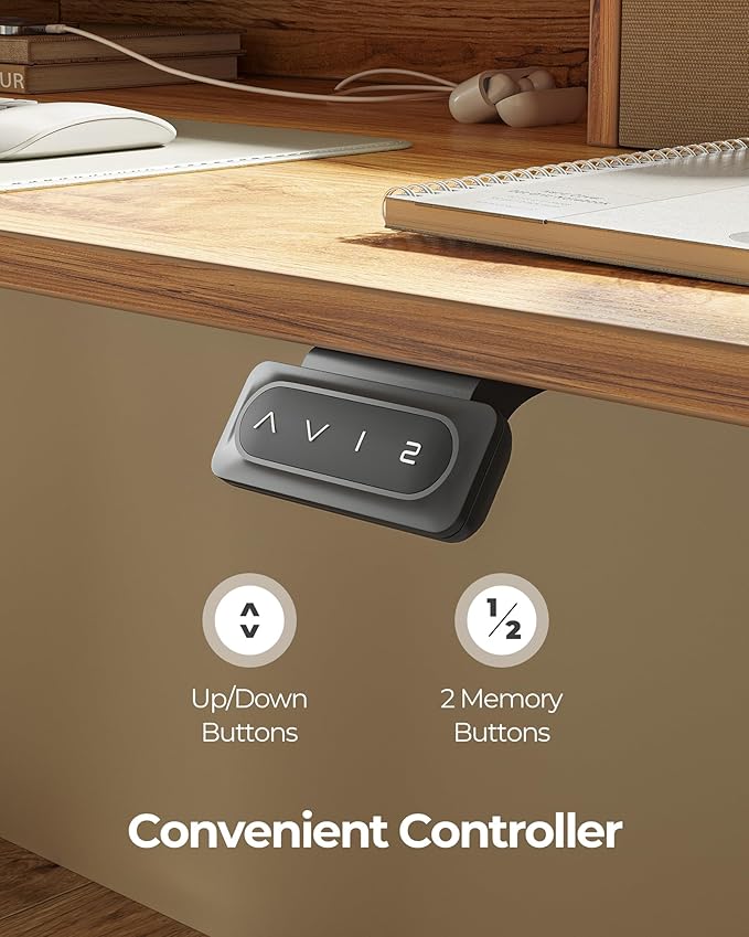 FEZIBO 60 x 24 Inch Height Adjustable Electric Standing Desk with Double Drawer, Computer Desk, Home Office Stand Up Table with 4 Height-Adjustable Feets & 2 Hooks, Light Rustic