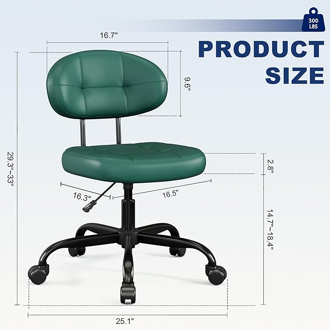 Misolant Vanity Chair with back, Small Armless Cute office Chair with wheels and Lumbar support, Comfy PU Leather Desk Computer Chairs with Adjustable Height, 360°Swivel for Home Bedroom Office, Green