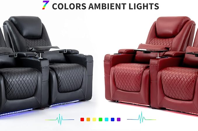 Home Theater Seating Seats, Theater Recliner Chair Sofa Game Movie Theater Chairs with 7 Colors Ambient Lighting, Lumbar Pillow, Side Pocket, Tray Table, Power Recline, Red