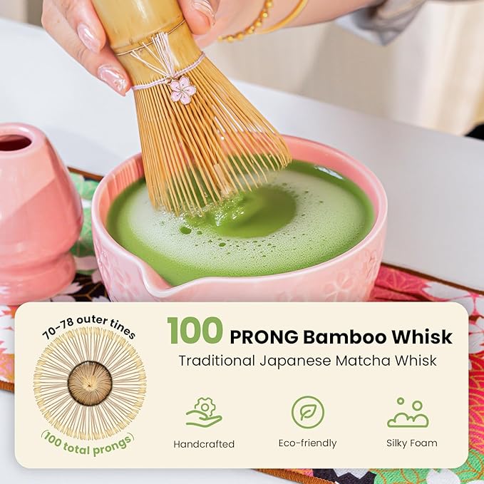 Matcha Whisk Set, Pink Matcha Set (9 Pcs) Includes Matcha Bowl, Whisk & Holder, Scoop, Sifter, Spoon, Scoop Rest, Tea Mat, Hand Book - Ideal Ceramic Matcha Kit for Matcha Lovers