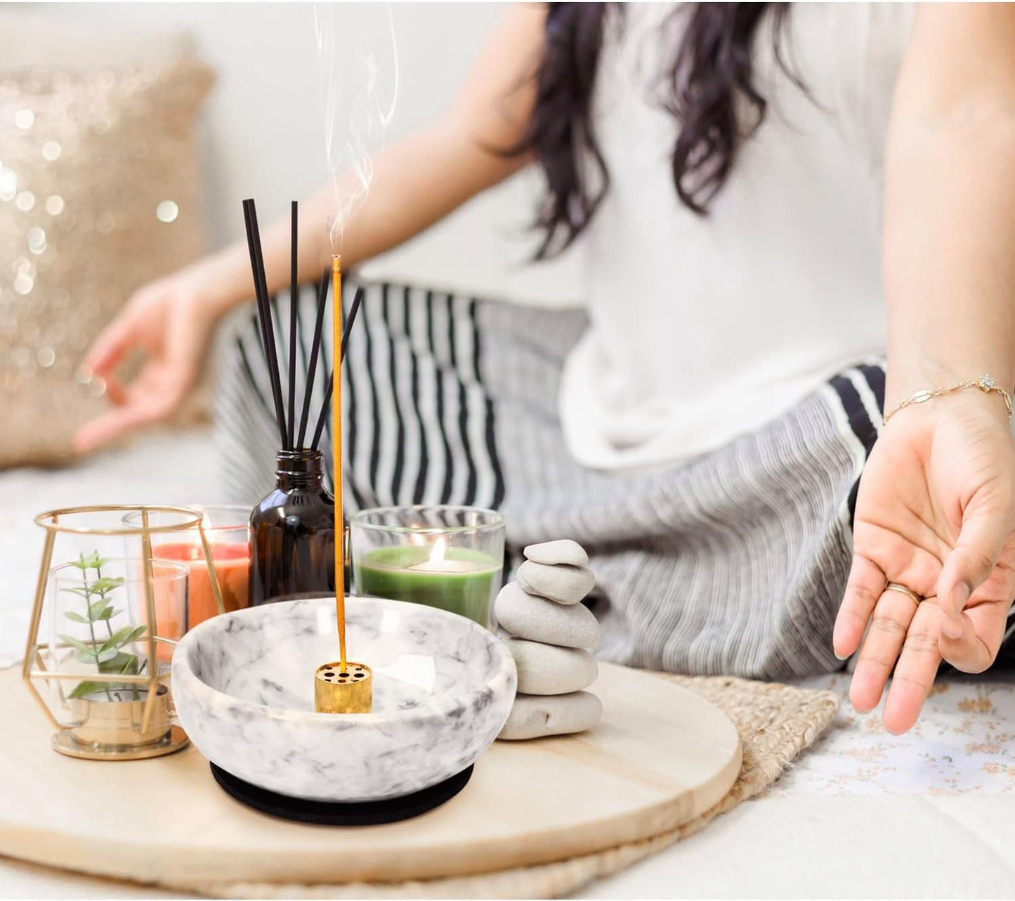 Handmade Natural Marble Incense Holder for Sticks and Cones-with 9 Holes, Multi-Functional Incense Burner Holder for Incense Sticks and Cones, Perfect Home Decor(Gray, 4.7inch)