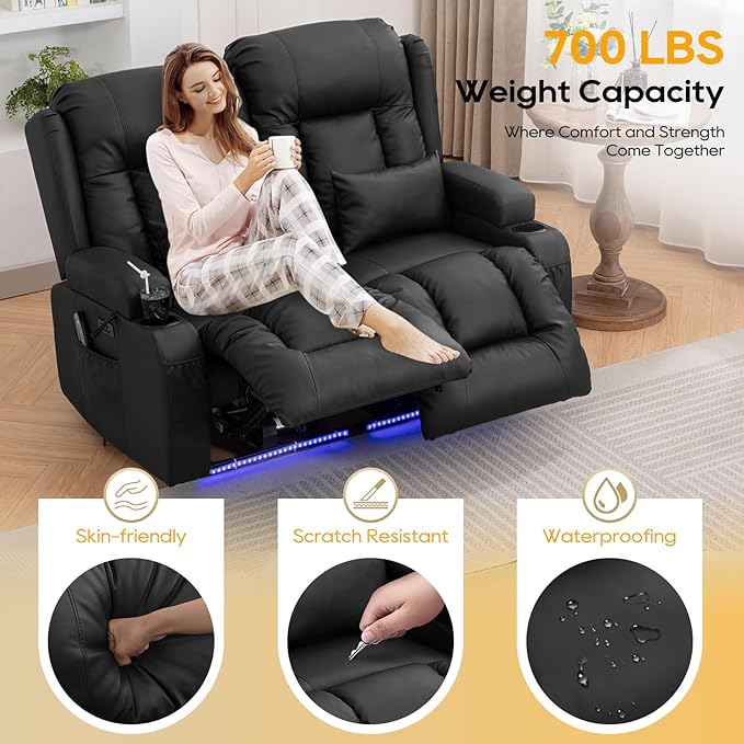 IPKIG 54" Power Loveseat Recliner Sofa, Electric Home Theater Seating with Massage Heat/4 Colors Ambient Lights/USB Port/Side Pocket/Cup Holder for Living Room, Bedroom, Home (Black, 2 Seater)