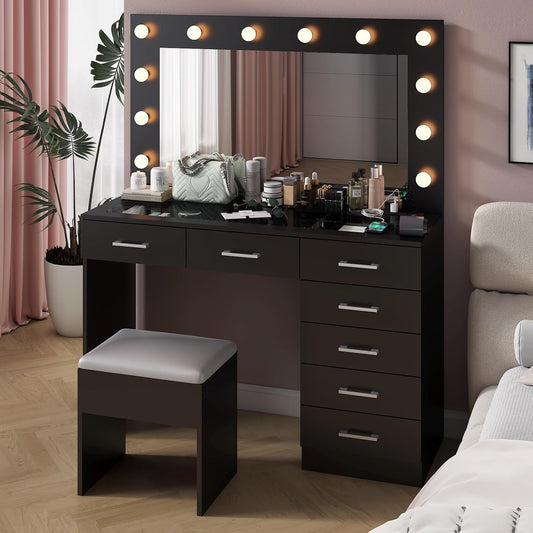Karl home Vanity Desk with Large Lighted Mirror & Powre Outlet, Glass Tabletop Makeup Vanity Set with 7 Drawers, 45.3" Vanity Table with 3 Color Lighting Modes, Dressing Table for Women Girls, Black