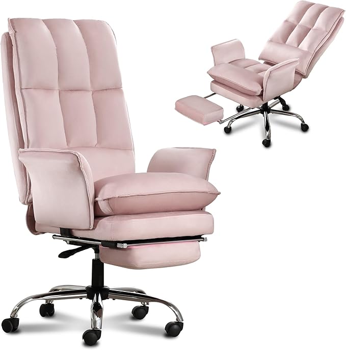 Office Chair, Modern Home Office Desk Chairs with Wheels and Retractable Footrest, Adjustable Backrest Velvet High Back Office Chair, Computer Chairs for Bedroom (Light Pink)