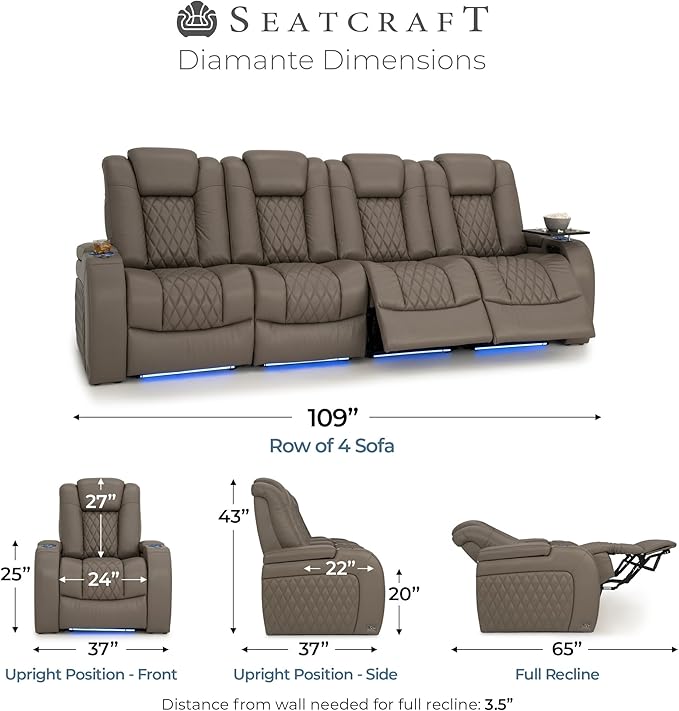 Seatcraft Diamante Zero-Gravity CoolZero Italian Leather Home Theater Seating, Power Headrest, Power Recline, Row of 4 Sofa, Gray