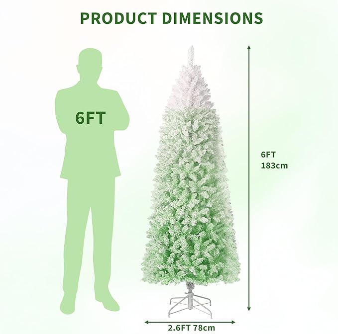 GarveeHome 6ft Snow Flocked Pencil Christmas Tree, Slim Artificial Christmas Tree with Sturdy Metal Stand, Skinny Xmas Tree Holiday Decoration for Home, Office, Green Gradient