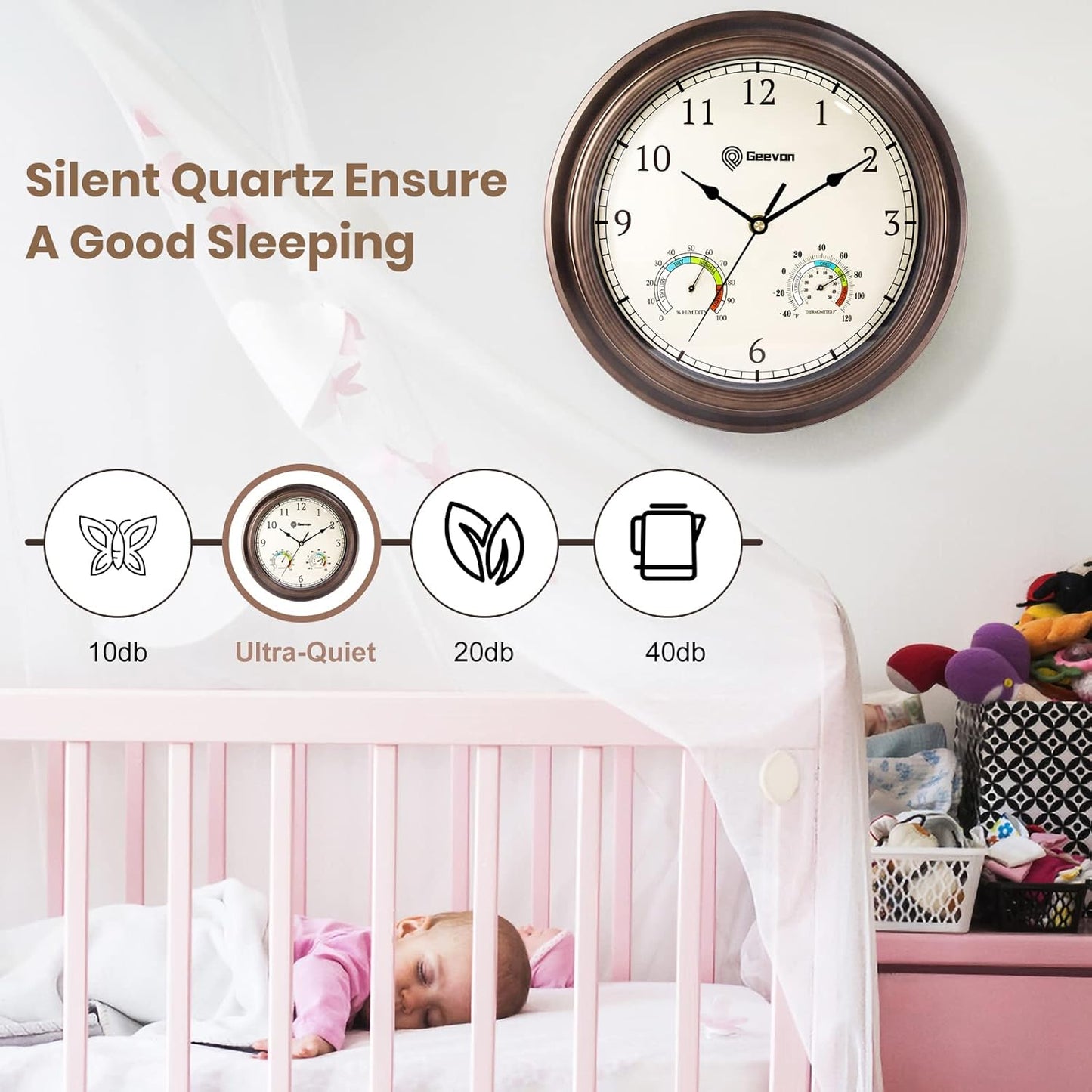 Geevon 12" Vintage Wall Clock Non Ticking with Hygrometer and Thermometer Combo,Battery Operated Quartz Decorative Wall Clocks for Home,Living Room,Office,Classroom,Kitchen,Bedroom Decor