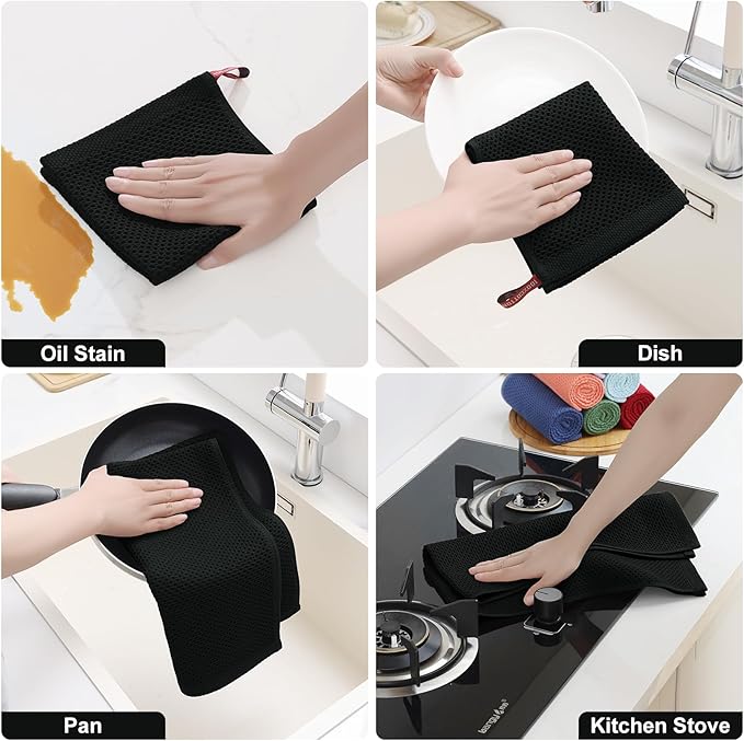 Homaxy 100% Cotton Kitchen Towels and Dishcloths Set, 12 x 12 Inches and 13 x 28 Inches, Set of 8 Bulk Kitchen Towels Set, Ultra Soft Absorbent Dish Cloths for Washing Dishes, Black