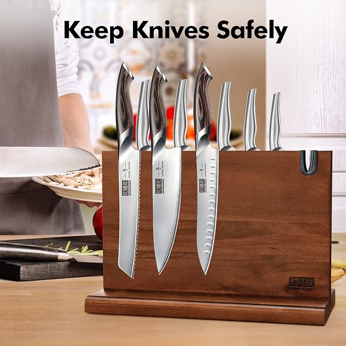 Magnetic Knife Block 14 x 10 Inches, Double Sided Magnetic Knife Holder Rack for Kitchen Counter, Acacia Wood Magnetic Knife Storage Stand with Knife Sharpener