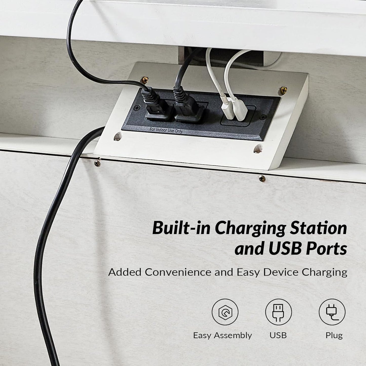 HULALA HOME Farmhouse 3 Drawer Nightstand with Tray, Drawer Organizer with Solid Wood Legs, Nightstand with Charging Station(White)