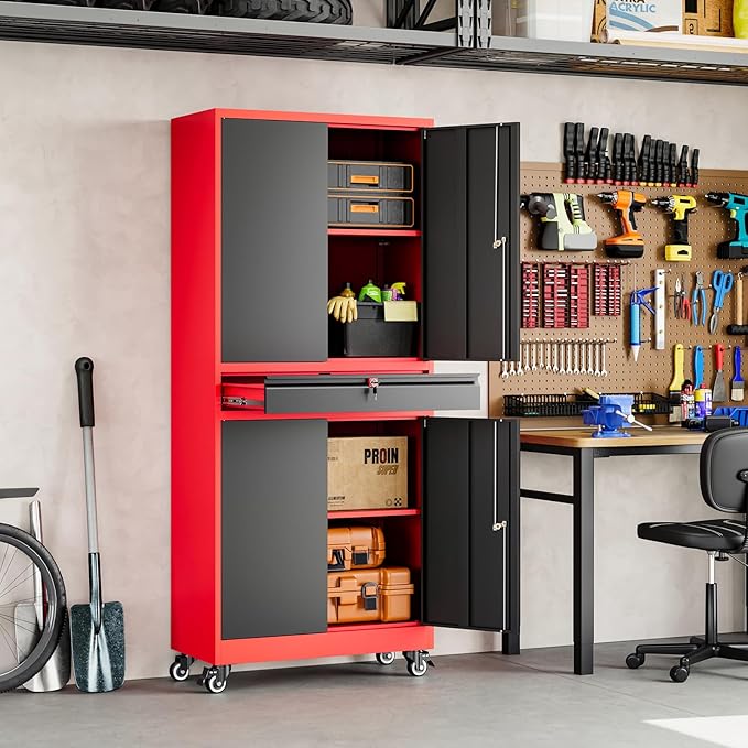Yizosh Metal Garage Storage Cabinet with Locking Doors and Adjustable Shelves,- 73" Rolling Tool Storage Cabinet with 4 Wheels and 1 Drawer for Garage,Warehouse (Red Black)