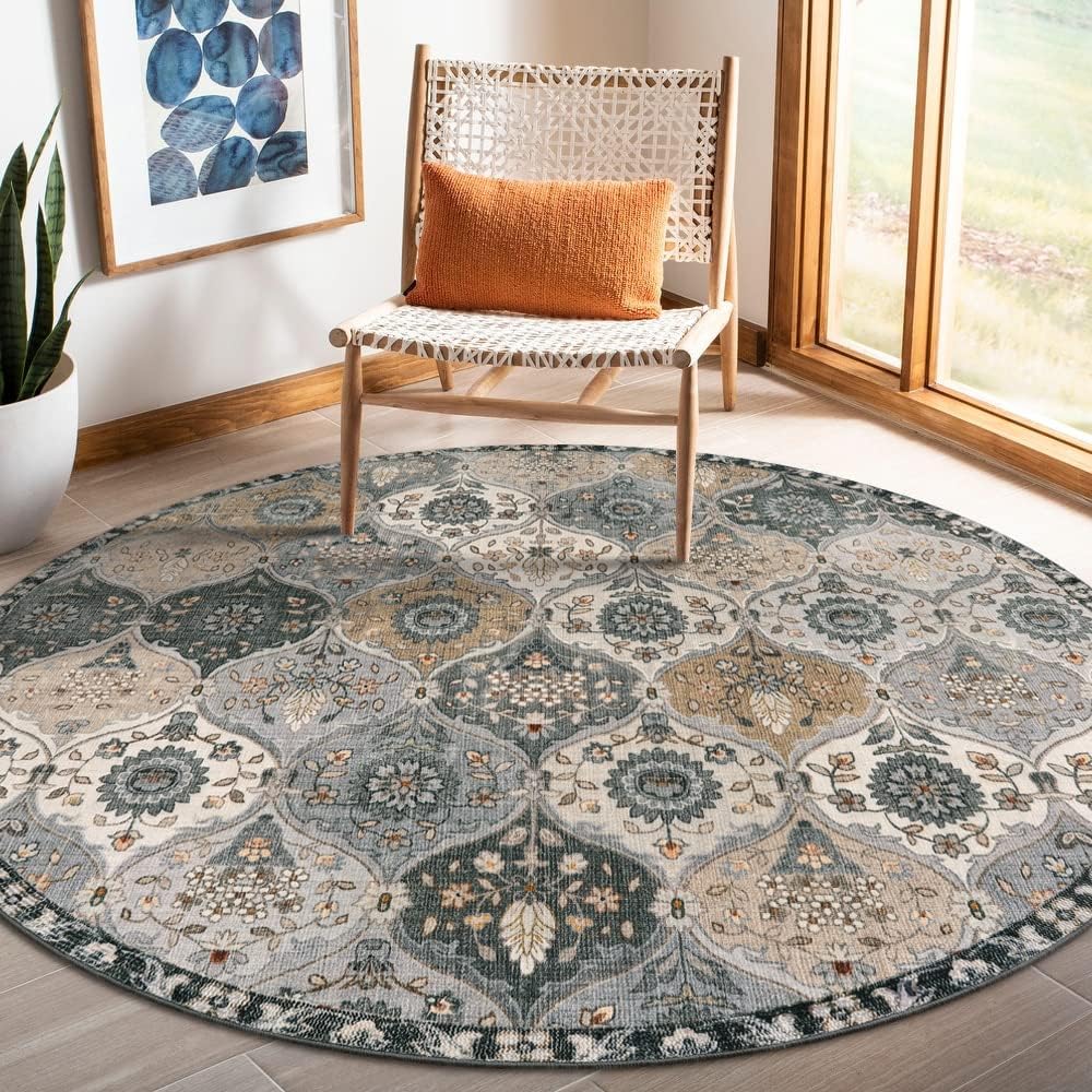 Lahome Moroccan Trellis Washable Circle Rug, Round Rug 5ft Soft Non-Slip, Non-Shedding Distressed Round Carpet for Bedroom Living Room Bathroom Nursery Kitchen, Grey