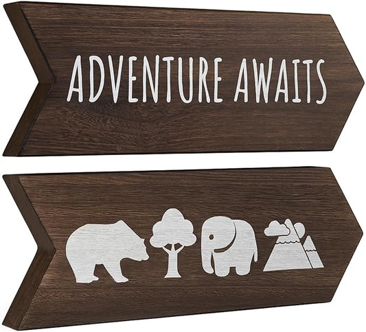 Nursery Wall Decor - 2 Pcs Wood Adventure Awaits Sign, Nursery Decor For Kids Room, Safari Theme Woodland Decorations, Toddler Easter Gifts for Babies - 14 x 10 inch