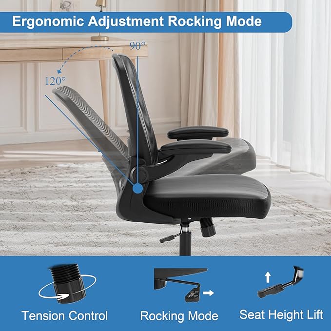 Ergonomic Office Chair 350lbs PU Leather Mesh Desk Chair with Lumbar Support, Flip-Up Arms, Swivel Wheels, Adjustable Height, Rolling Executive Computer Task Chair for Home Office,Black