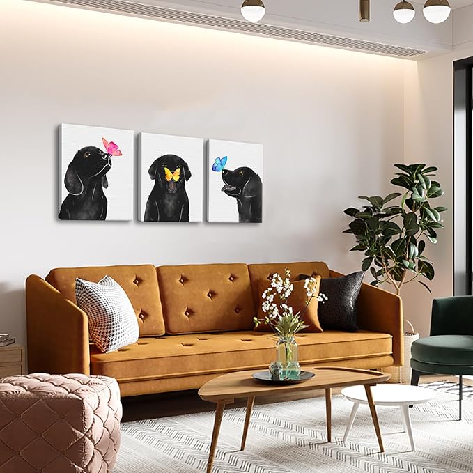 KLVOS Dog Animal Wall Art for Nursery Room Butterfly on Dog Nose Kids Bed Room Wall Decor 3 Panel Black and White Puppy Prints Picture for Pet Shop 12"x16"x3 pcs