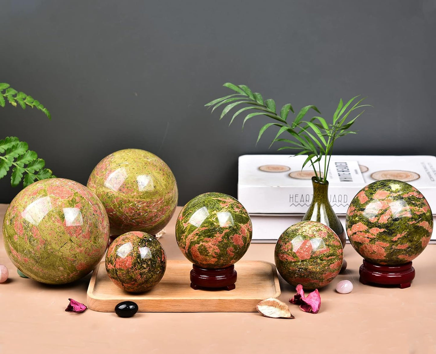 JIC Gem Small Crystal Sphere Ball Natural Unakite Stone Healing Crystal Ball with Decoation Stand for Fengshui Meditation Decoation (60-70mm)