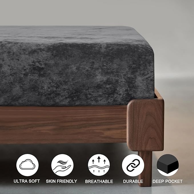 PHF Truly Velvet Fitted Sheet Only Full Size, Luxury Super Soft Cozy Fuzzy Fleece Bottom Sheet, Deep Pocket Up to 16",Strenghth Elastic Band, Suitable for Fall Winter Spring, No Pillowcases, Dark Grey