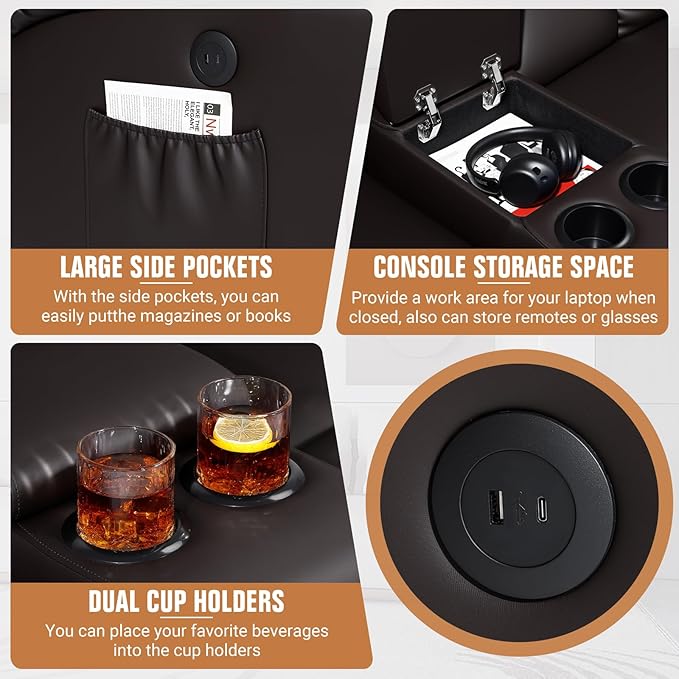 Home Theater Seating,RV Recliner Sofa with Massage and Heat,RV Manual Recliner Loveseat with USB/Cup Holders and Side Pocket for Living Room,3 Loveseat Brown