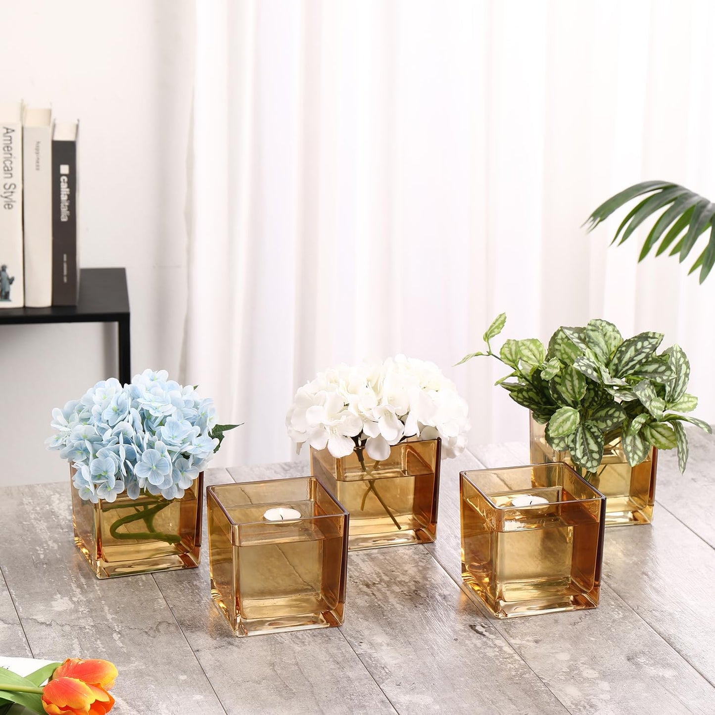 Square Amber Glass Vases Set of 2, 6" x 6" x 6" Square Vase for Centerpieces, Flower Vases for Centerpieces, Small Vase for Wedding, Party, Home Office Decoration