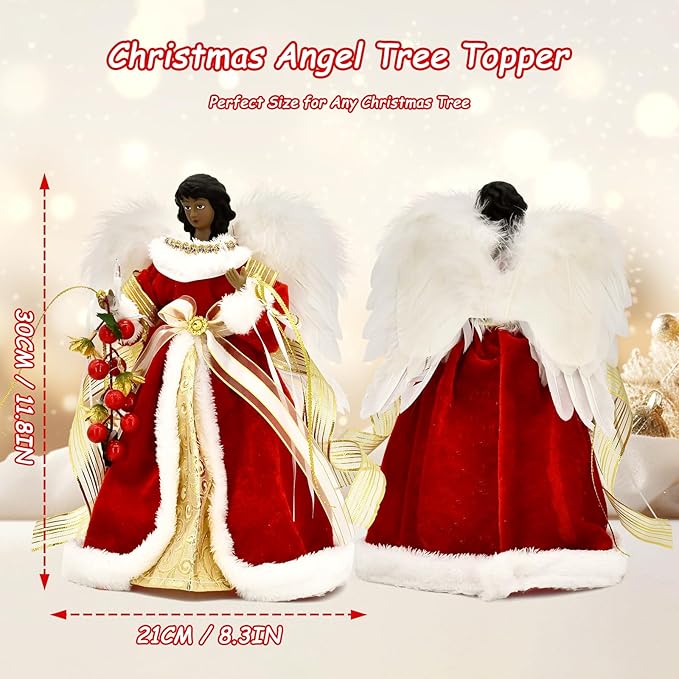 Angel Christmas Tree Topper with Lights, Lighted Tree Toppers Christmas Decorations, Elegant and Durable, Perfect for Holiday Home Decor and Gifts, Red, WOKEISE