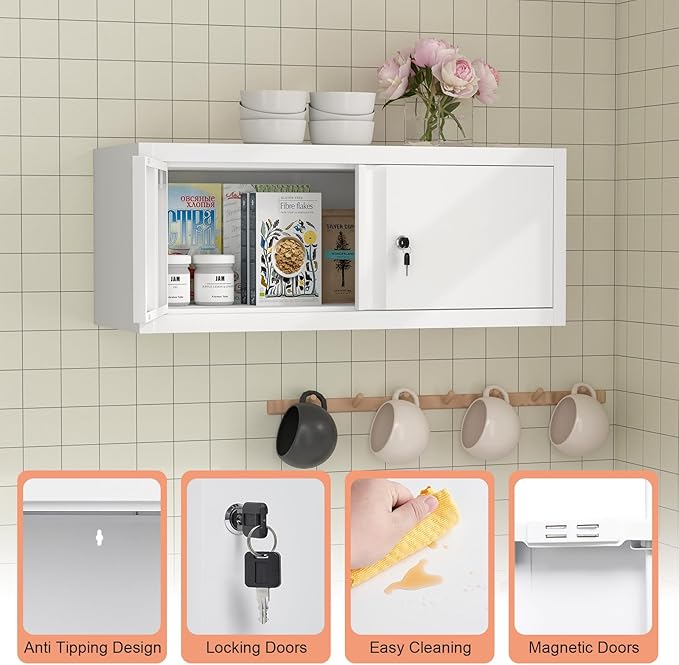 LUCYPALGarage Wall Cabinet with Doors,Metal Locking Storage Cabinet,Floating Tool Cabinet for Kitchen,Garage,Workshop,Warehouse(12.8" H,White)